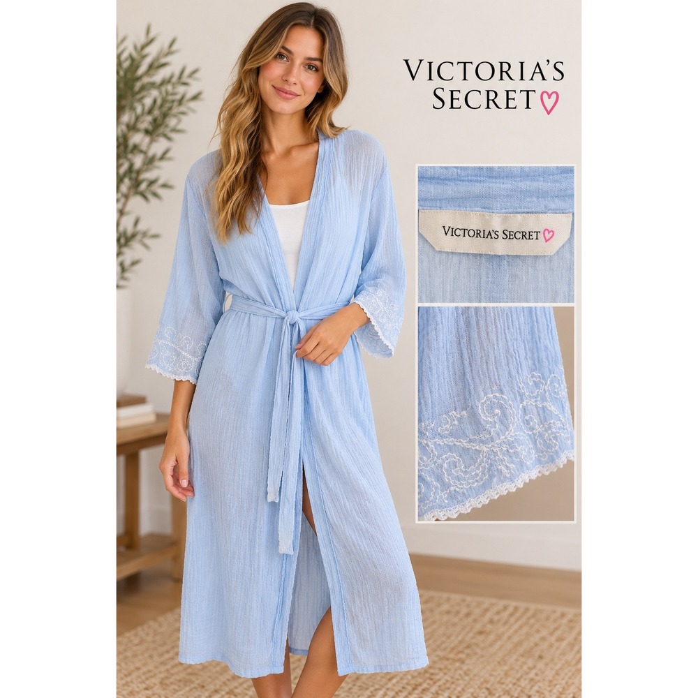 Victorias Secret Blue Cotton Gauze Embroidered Lace Trim Wrap Robe Size XS